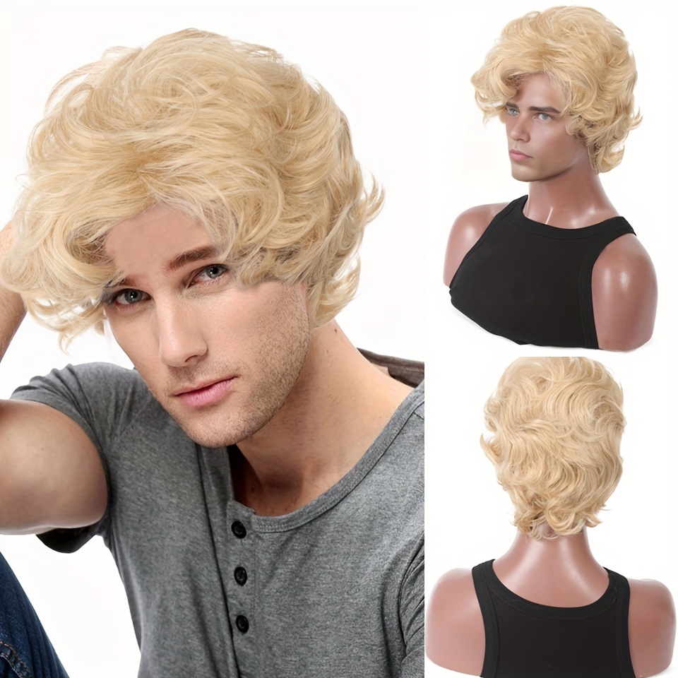 Anime Cosplay And Costumes - Mens Blonde Wig Short Wavy Fluffy