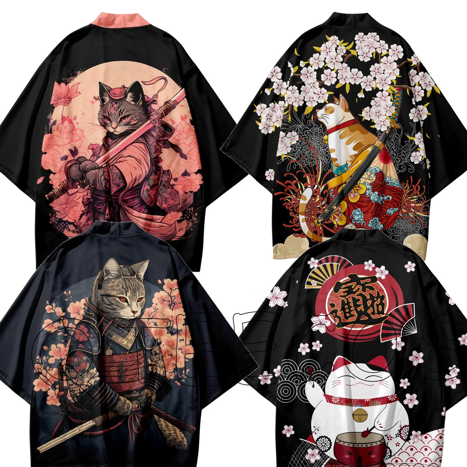 Asian Cosplay Anime - Japanese Cat Print Cosplay Haori Kimonos
