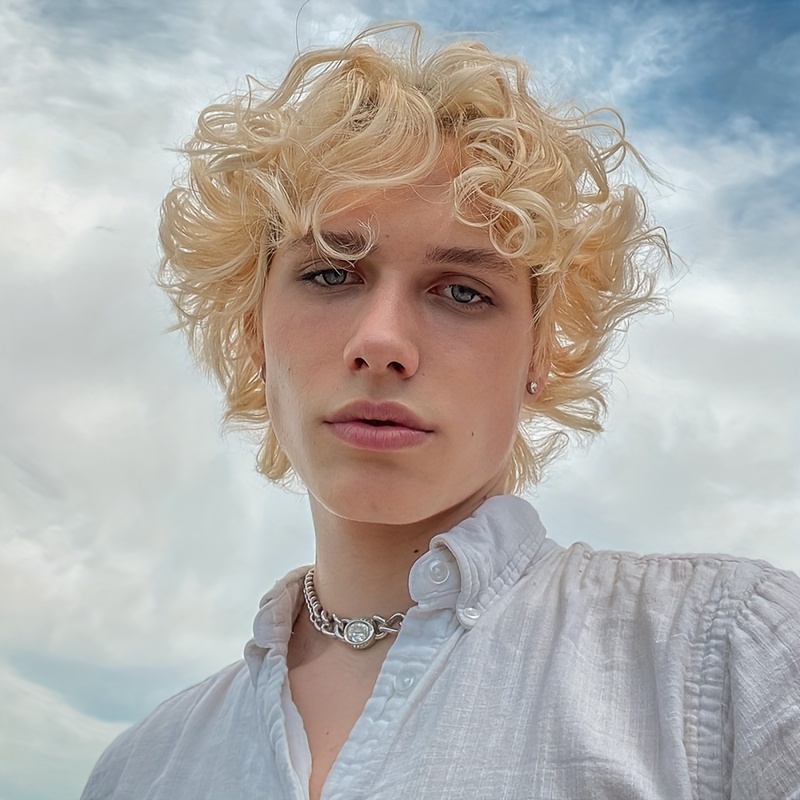 Mens Blonde Wig Short Wavy Flu - مراجعة Anime Cosplay And Costumes وسعره